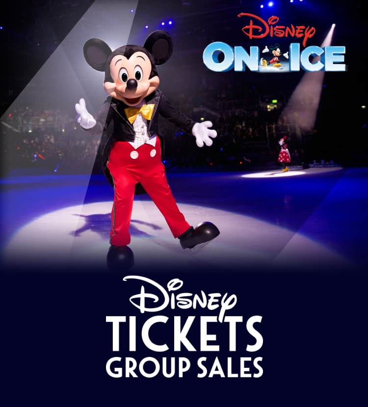 Mickey Mouse skating on ice with his hands up