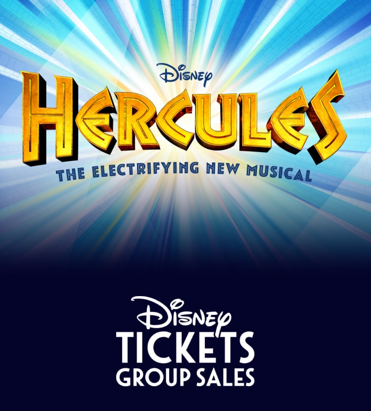 Hercules logo with a dark blue gradient below it and a white Disney Tickets Group Sales logo