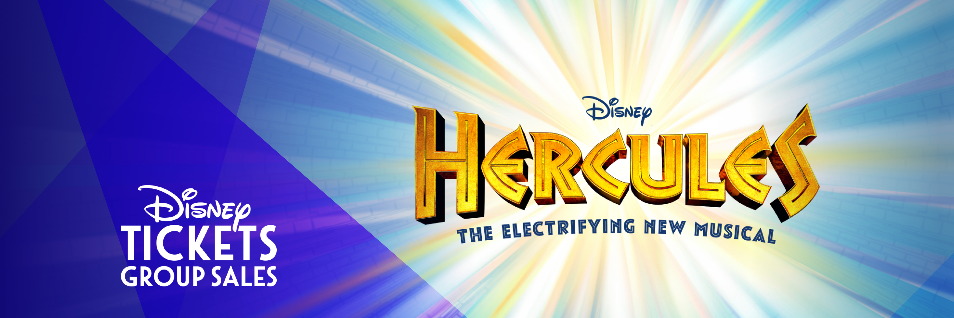 Hercules logo with blue spotlights to the left and the DIsney Tickets Group Sales logo in white