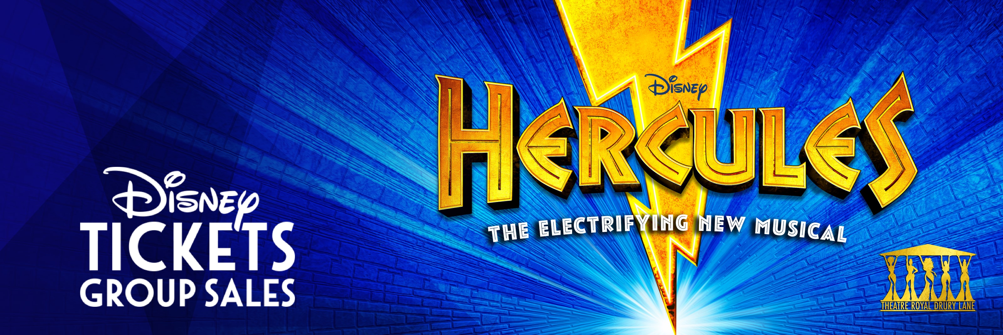 Hercules logo on a blue background with a lightning bolt down the middle. Disney Tickets Group Sales logo on left of image with spotlights