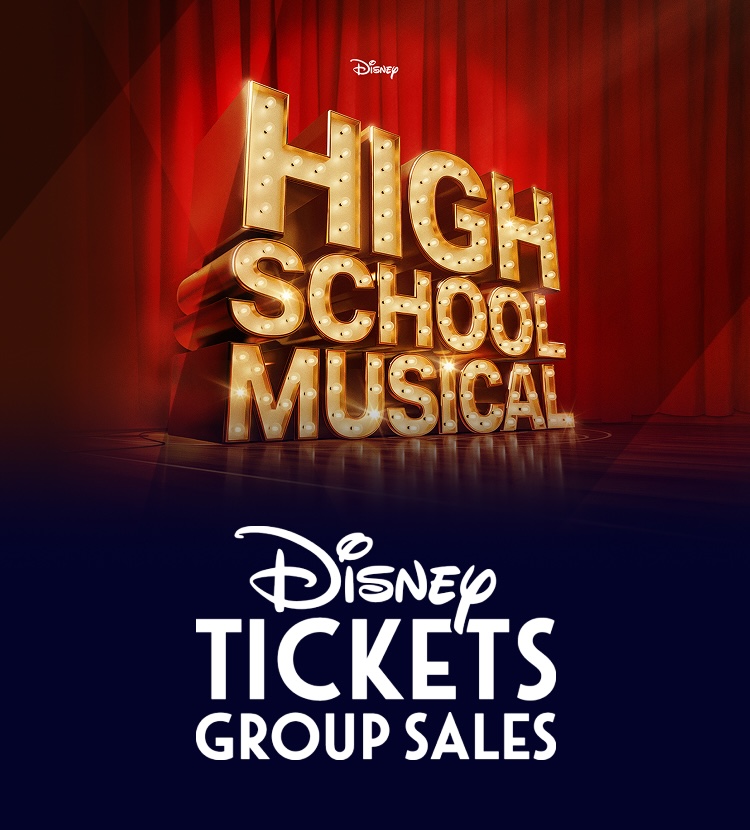 High School Musical logo in front of red stage curtain with Disney Tickets Group Sales logo below image on dark blue background