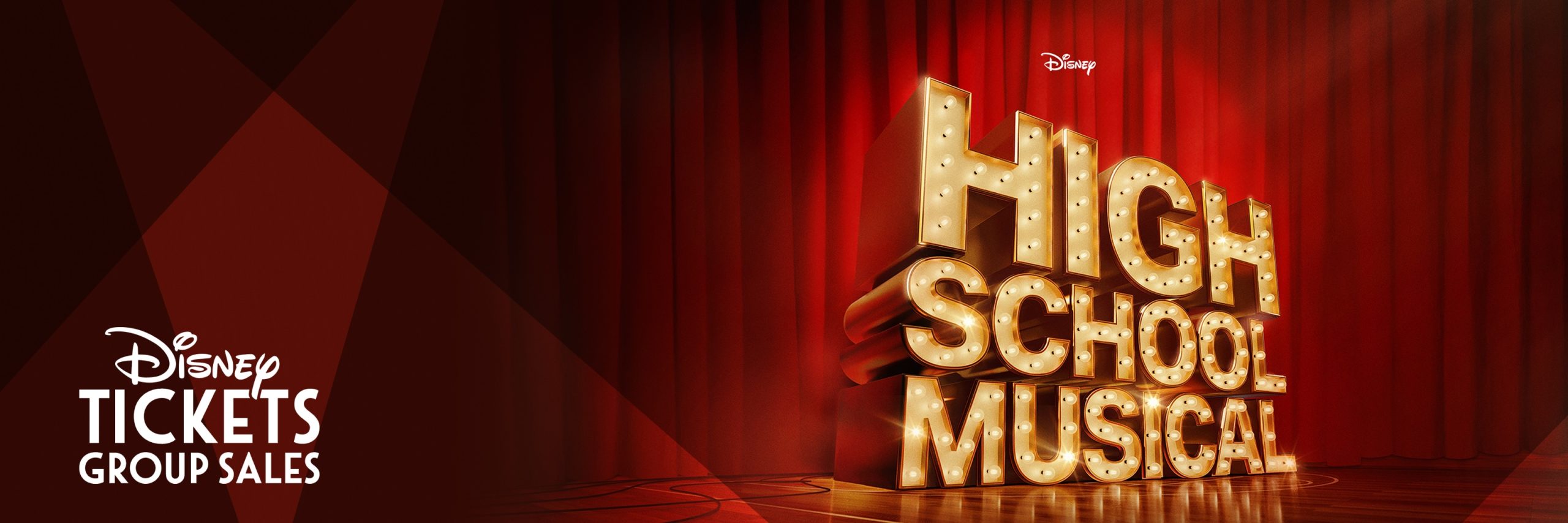High School Musical logo in front of red stage curtain with Disney Tickets Group Sales logo to left of image